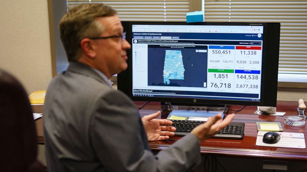 PHOTO: Scott Harris, Alabama's State Health Officer, discusses his state's vaccination data in his office, June 29, 2021, in Montgomery, Ala. 