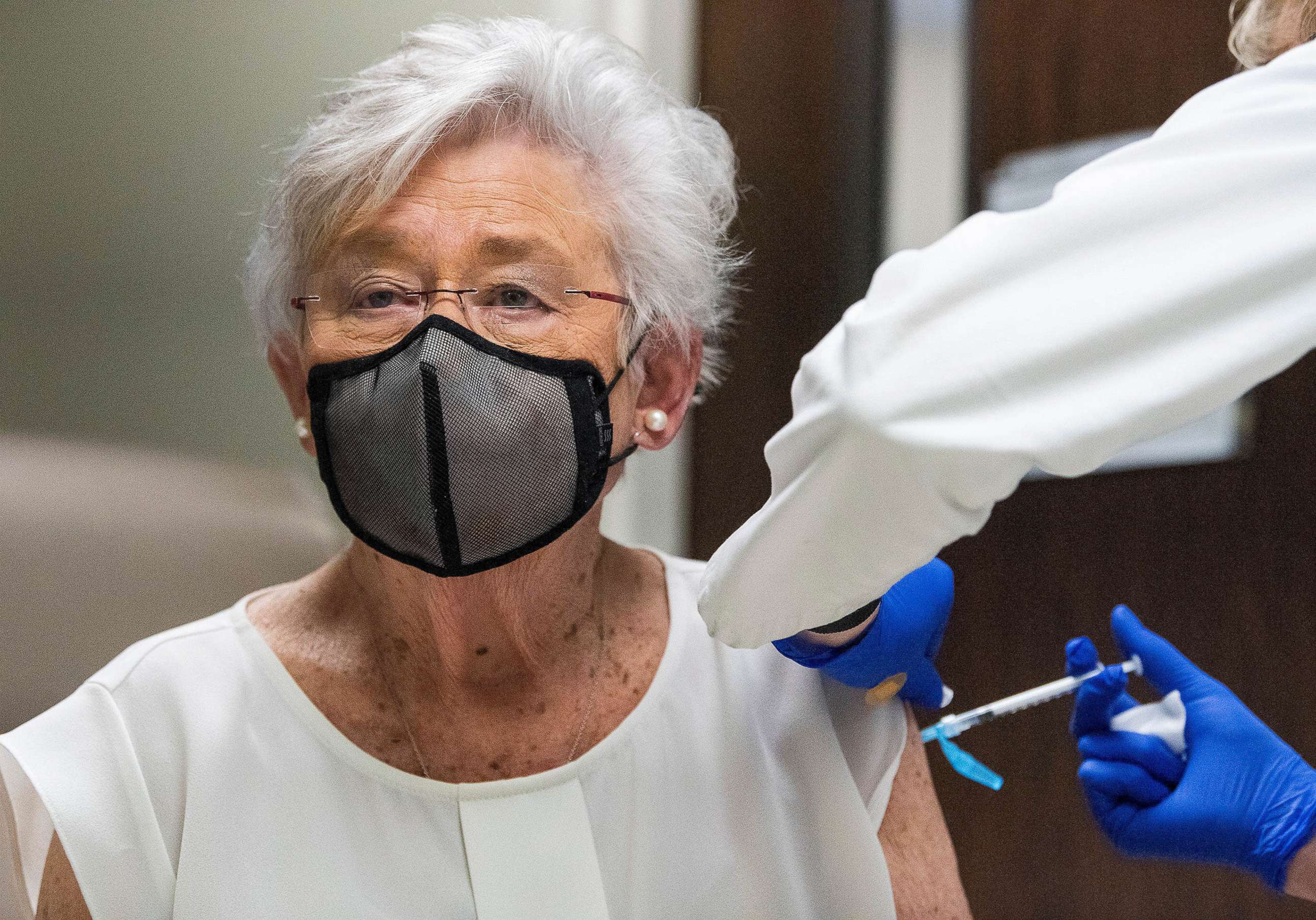 PHOTO: Alabama Governor Kay Ivey receives her second COVID-19 vaccine shot at Baptist Medical Center South in Montgomery, Ala., on Tuesday January 12, 2021.
