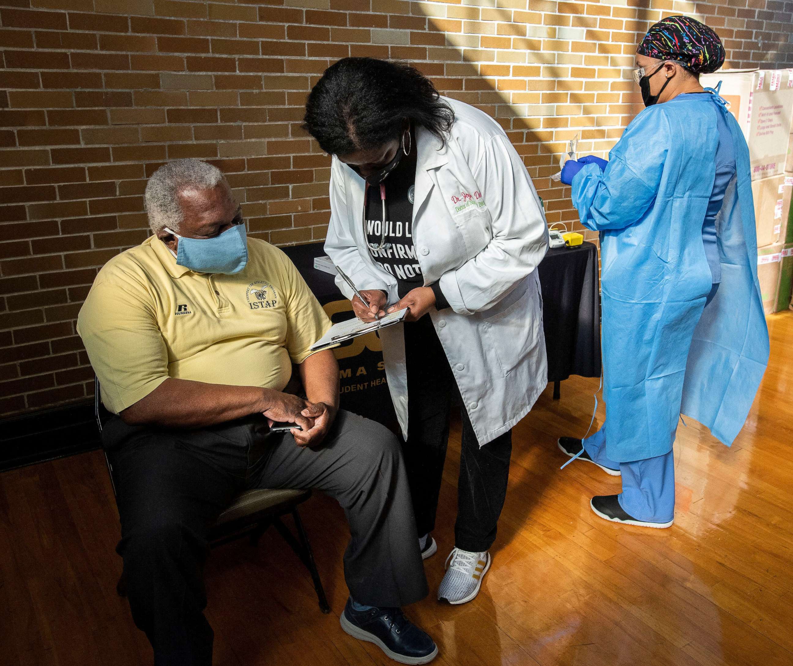 PHOTO: Judge Johnny Hardwick gets his COVID-19 vaccine as he promotes vaccine safety and awareness at the Alabama State University campus in Montgomery, Ala. on Jan. 29, 2021.