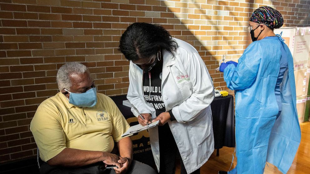 PHOTO: Judge Johnny Hardwick gets his COVID-19 vaccine as he promotes vaccine safety and awareness at the Alabama State University campus in Montgomery, Ala. on Jan. 29, 2021.