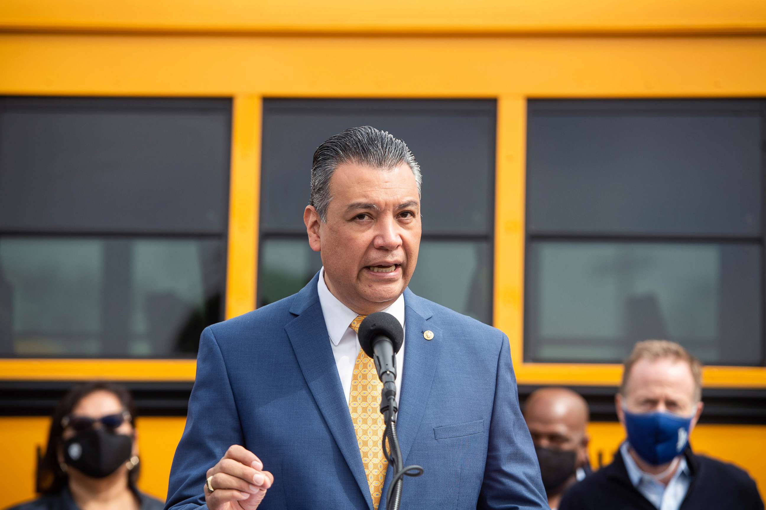 PHOTO: Sen. Alex Padilla speaks during a news conference in front of a LAUSD electric school bus on transitioning America's school bus fleet to electric buses on May 6, 2021 in Los Angeles. 