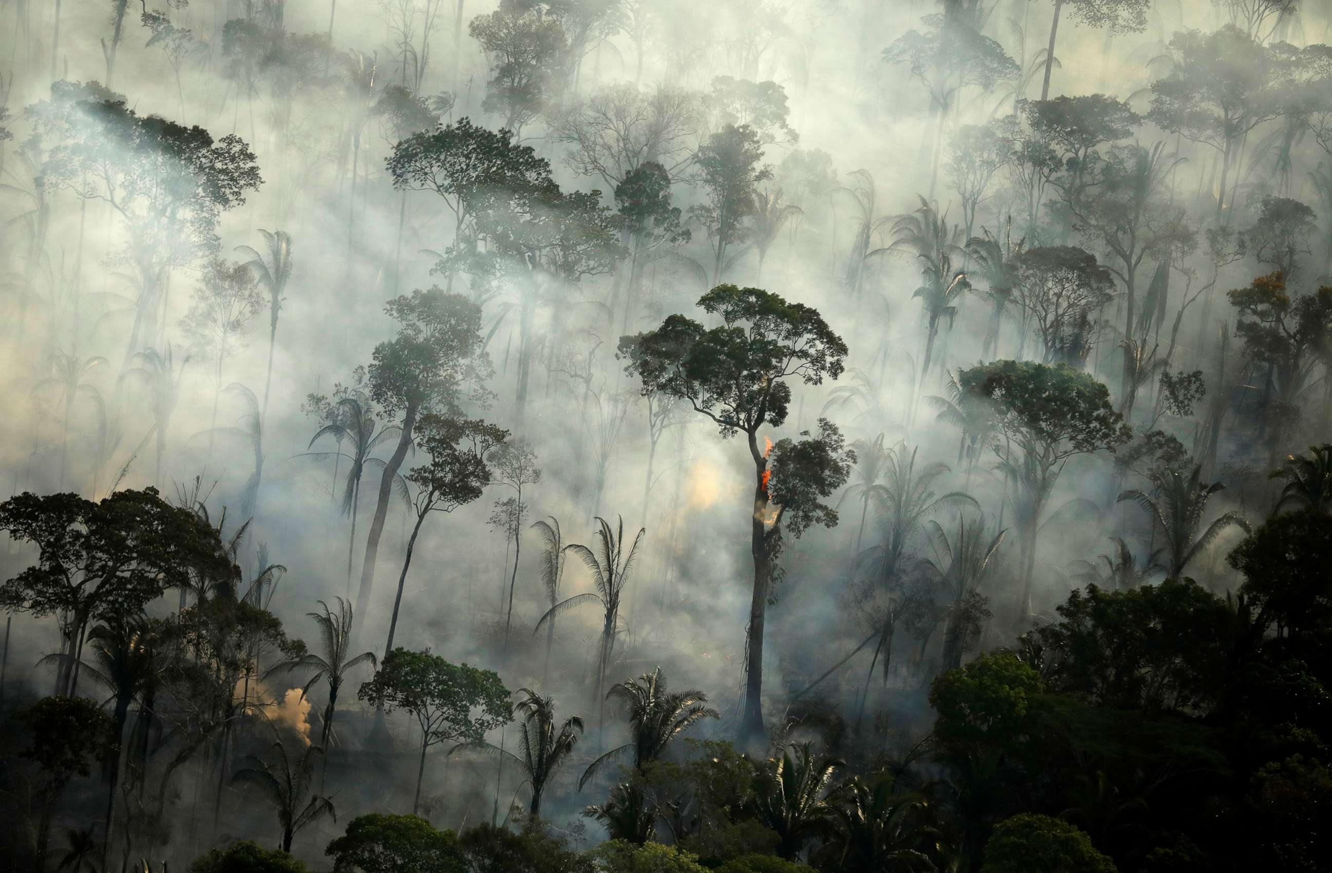 PHOTO: In this Sept. 10, 2019, file photo, smoke billows during a fire in an area of the Amazon rainforest near Porto Velho, Rondonia State, Brazil.
