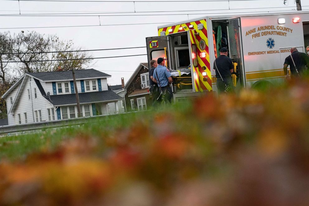 PHOTO: Firefighters and paramedics with Anne Arundel County Fire Department load a patient into an ambulance while responding to a 911 emergency call, Nov. 11, 2020, in Glen Burnie, Maryland.
