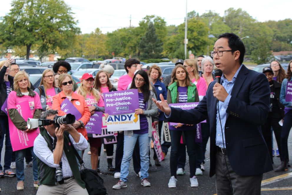 PHOTO: Dozens of supporters, most of them women, gathered in a strip mall parking lot in Willingboro Township, N.J., in October to support Democrat Andy Kim in his bid to unseat Republican congressman Tom MacArthur.