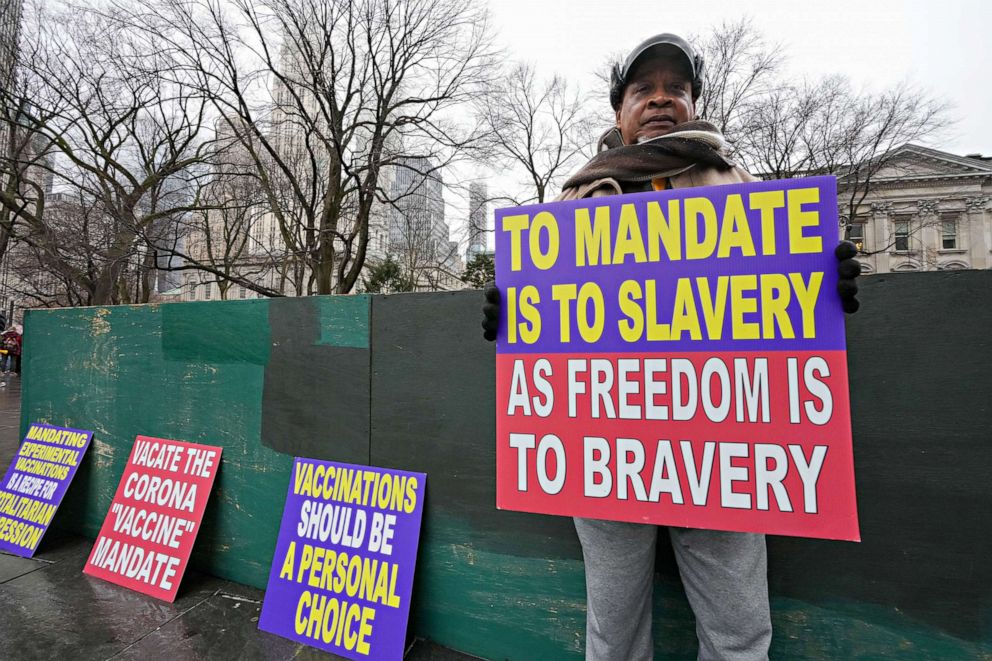 PHOTO: Workers and others marched, Feb. 7, 2022 in New York City, to protest the city's announcement that municipal employees without a COVID-19 vaccinations would be fired by week's end.