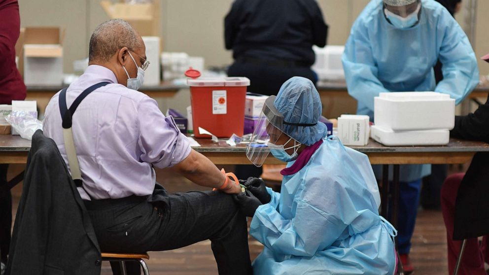 PHOTO:A registered nurse draws blood to test for COVID-19 antibodies at Abyssinian Baptist Church in the Harlem neighborhood of New York, May 14, 2020.