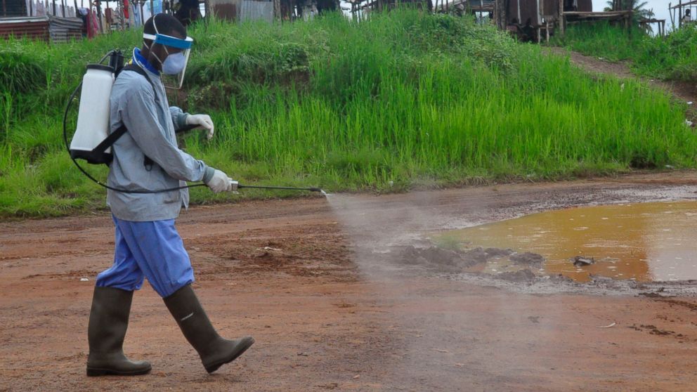 Ebola health workers spray disinfectant on a road near the home of a 17-year old boy that died from the Ebola virus on the outskirts of Monrovia, Liberia, July 1, 2015. 