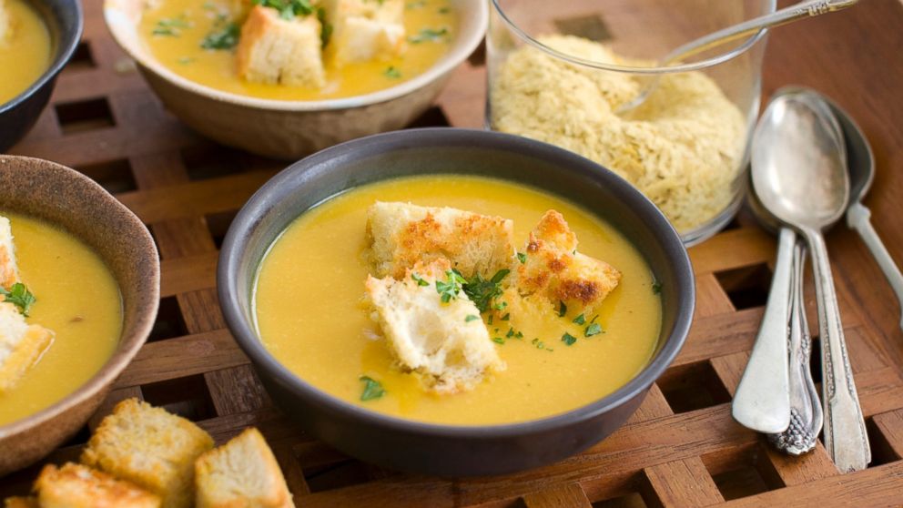 Nutritional yeast flakes lend a savory, cheesy flavor to a winter-friendly pumpkin and white bean soup with sourdough croutons as shown in Concord, N.H.