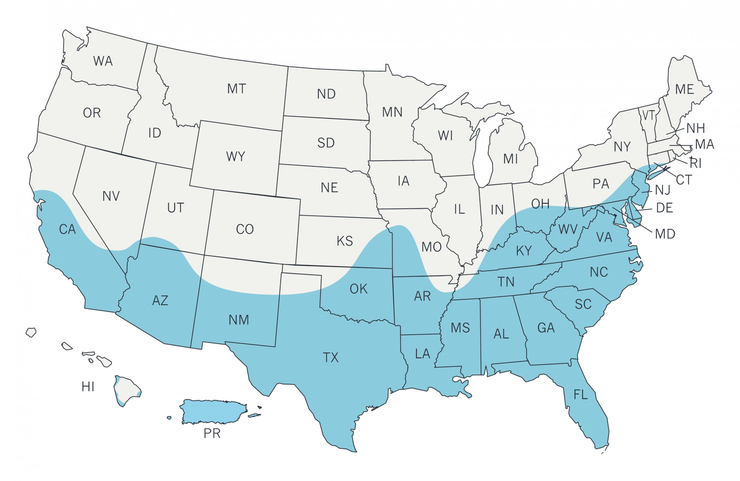 PHOTO: A map released by the CDC on March 30, 2016 shows the estimated range of the Aedes aegypti mosquito in the United States for 2016 indicated in blue.
