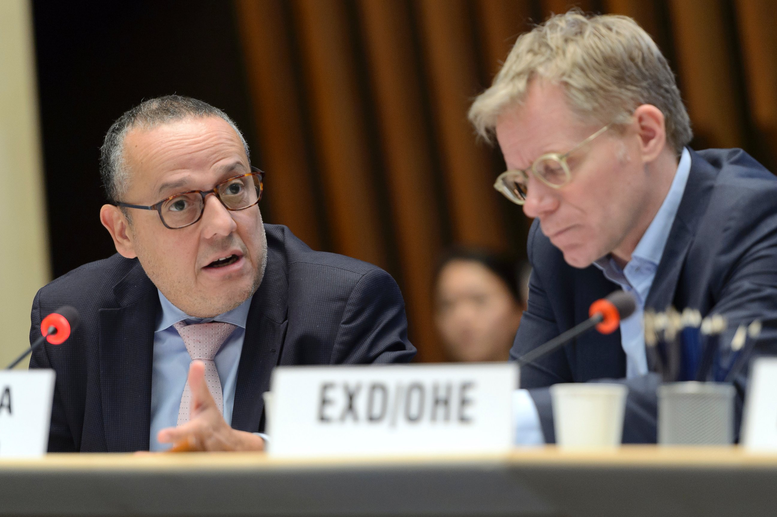 PHOTO: Marcos Espinal and Bruce Aylward speak during a WHO Executive Board session at WHO headquarters in Geneva, Switzerland, Jan. 28, 2016.