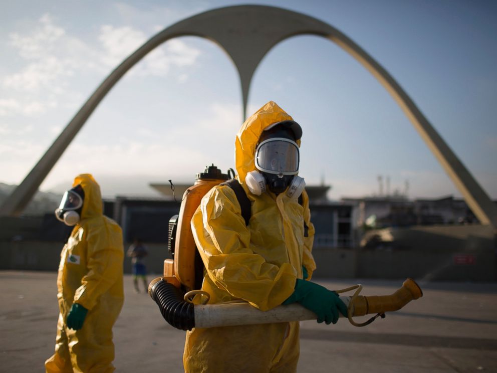 PHOTO: Health workers stand in the Sambadrome while spraying insecticide to combat the Aedes aegypti mosquitoes that transmits the Zika virus in Rio de Janeiro, Brazil, Jan. 26, 2016.