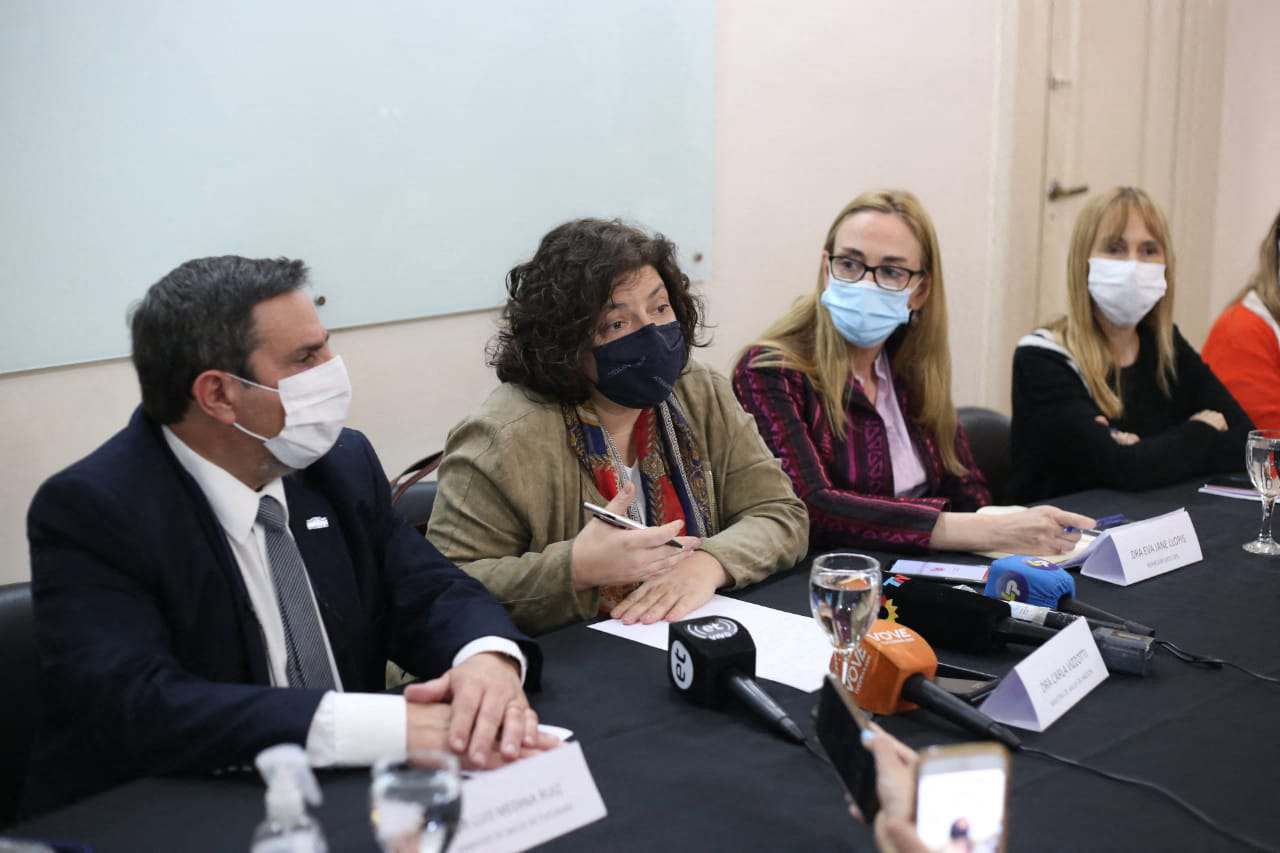 PHOTO: Health Minister Carla Vizzotti, second left, representative in Argentina of the Pan American Health Organization (PAHO) Eva Jane Llopis and provincial Health Minister Luis Medina Ruiz during a press conference in Tucuman, Argentina, Sept. 3, 2022.