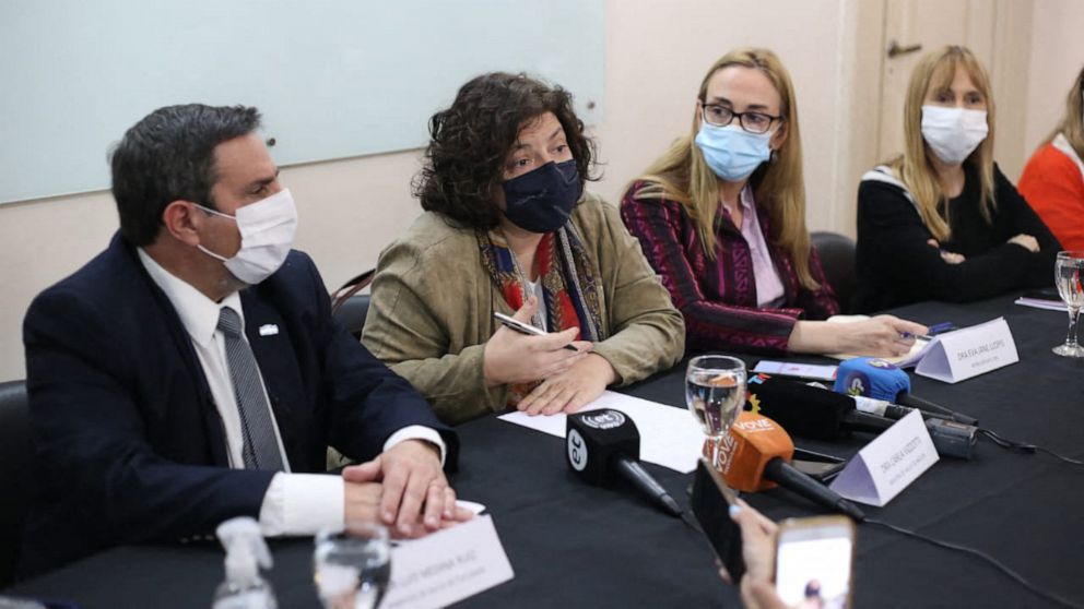 PHOTO: Health Minister Carla Vizzotti, second left, representative in Argentina of the Pan American Health Organization (PAHO) Eva Jane Llopis and provincial Health Minister Luis Medina Ruiz during a press conference in Tucuman, Argentina, Sept. 3, 2022.
