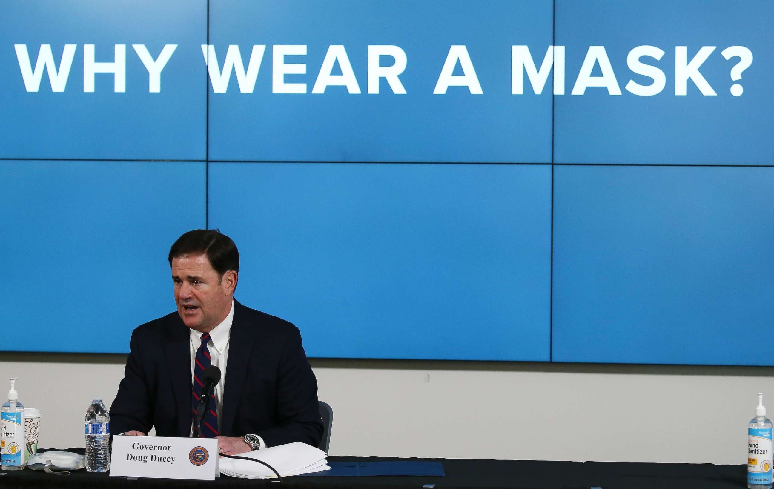 PHOTO: In this Thursday, July 9, 2020, photo, Arizona Republican Gov. Doug Ducey speaks about the latest coronavirus update in Arizona and benefits of wearing a mask during a news conference in Phoenix. 