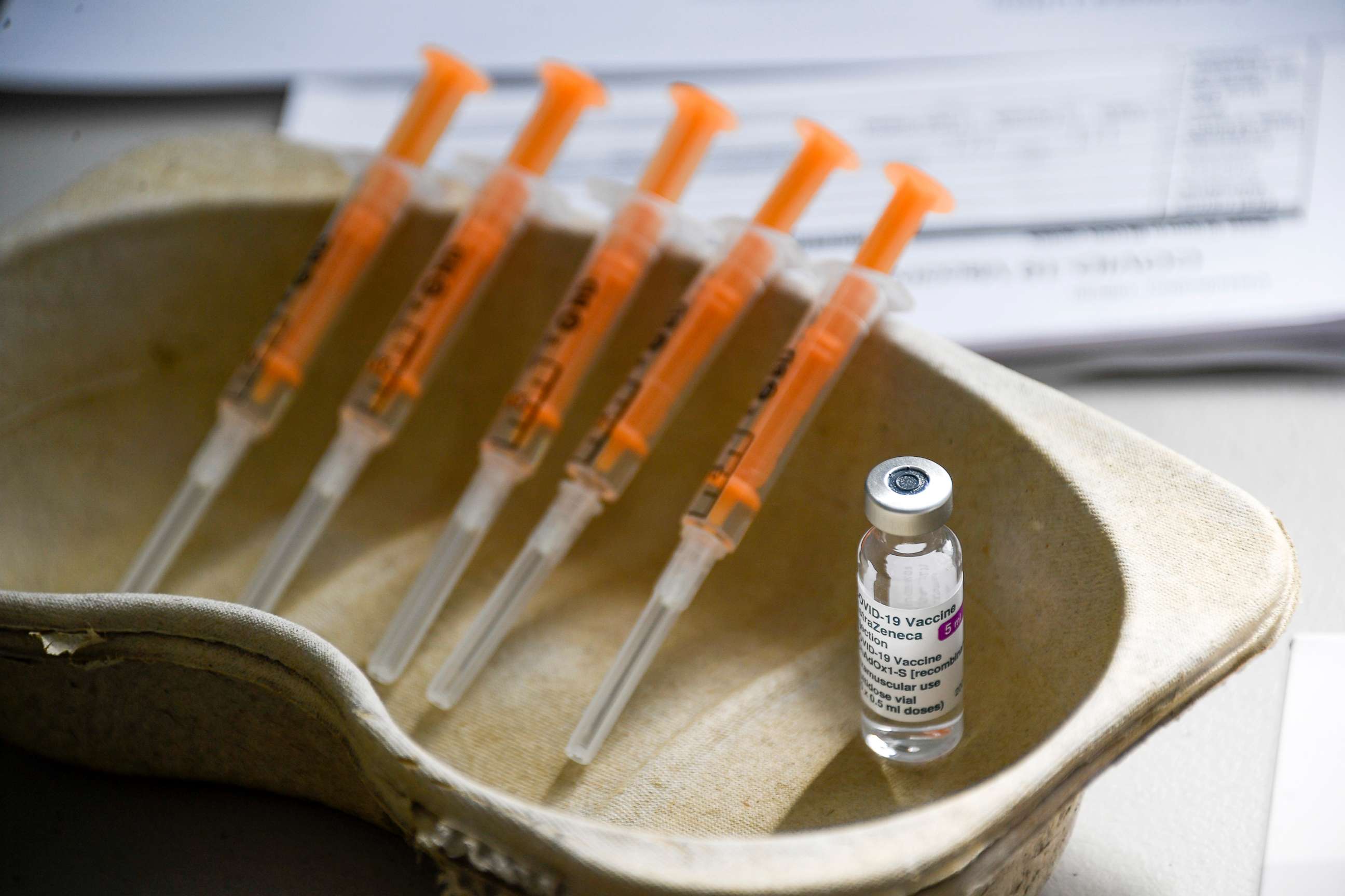 PHOTO: A vial of the AstraZeneca COVID-19 vaccine awaits recipients at a vaccine clinic, in Luton, England, March 21, 2021. AstraZeneca said on March 22, 2021 that advanced trial data from a U.S. study on its COVID vaccine shows it is 79% effective.