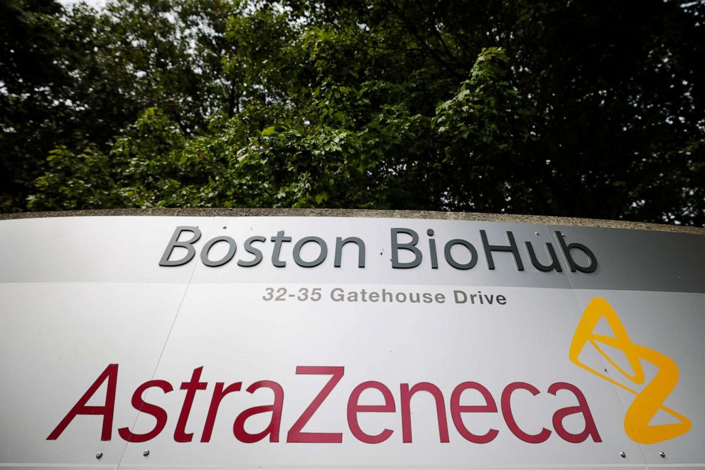 PHOTO: A sign marks an AstraZeneca facility in Waltham, Mass., Sept. 9, 2020.