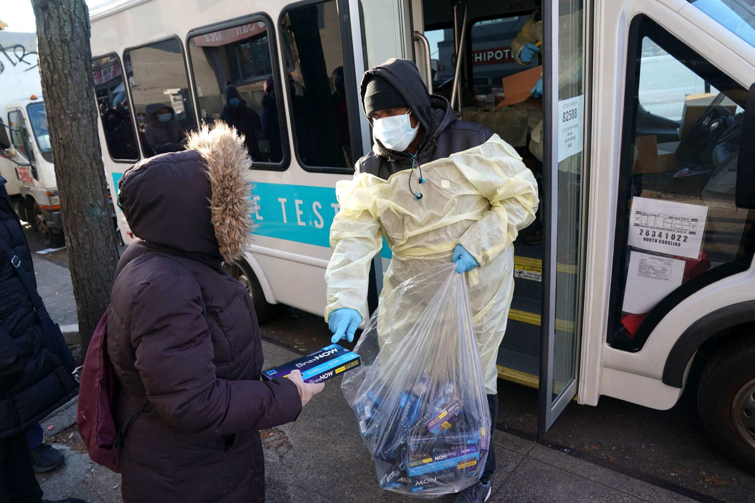 PHOTO: Binax Covid-19 testing kits are handed out in New York, on Dec. 23, 2021.