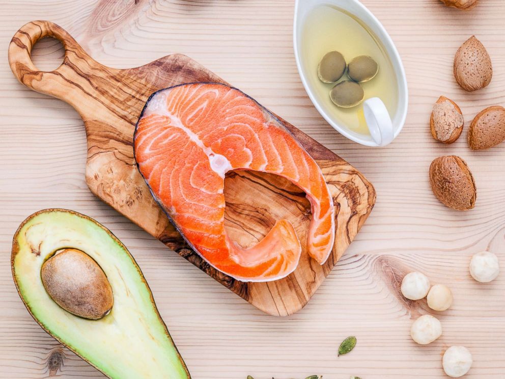 PHOTO: A selection of food sources of Omega-3 and unsaturated fats including various nuts, olive oil, salmon and avocado are pictured in an undated stock photo.