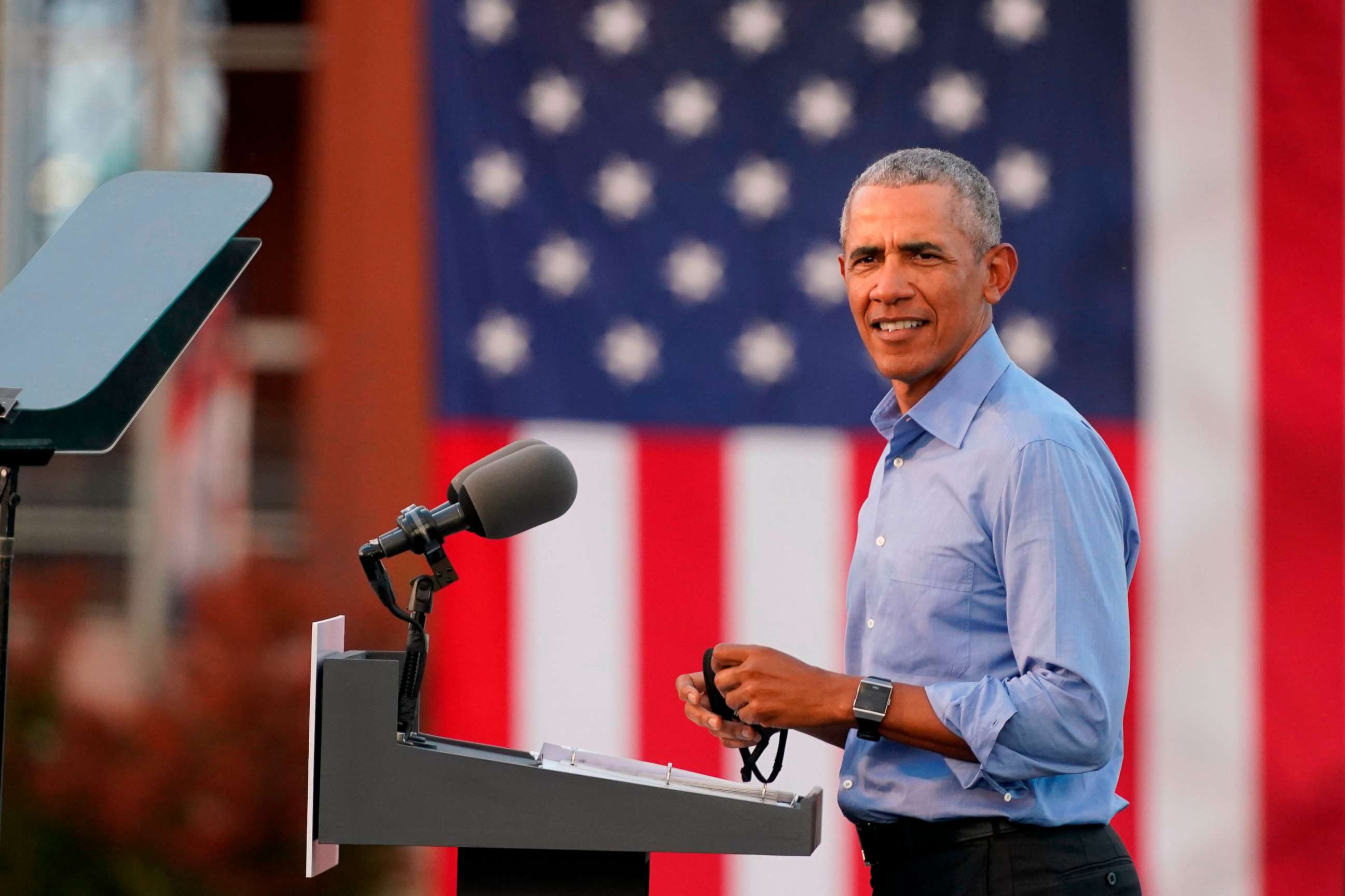 PHOTO: Former President Barack Obama addresses Biden-Harris supporters during a drive-in rally in Philadelphia, Oct. 21, 2020.