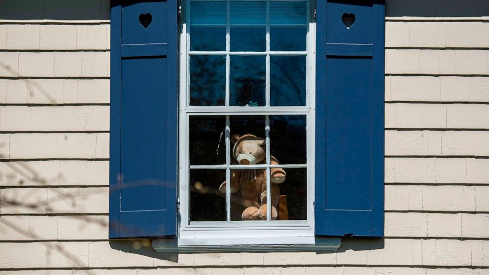 PHOTO: A stuffed bear placed in window to give children a fun and safe activity during the COVID-19 lockdown, April 6, 2020, in Washington, D.C.