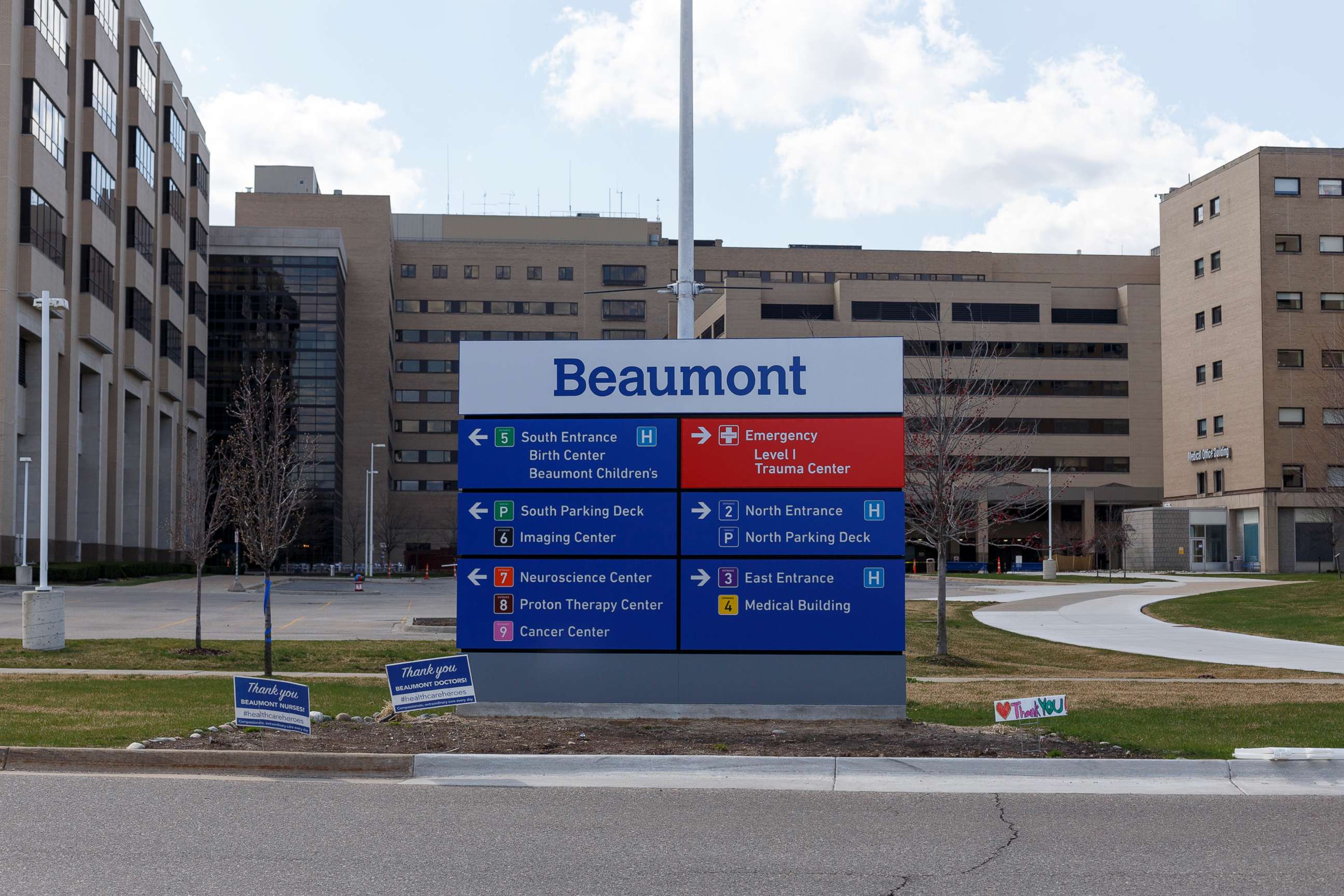 PHOTO: In this April 8, 2020 file photo a directory sign outside the east entrance to Beaumont Hospital in Royal Oak, Mich.