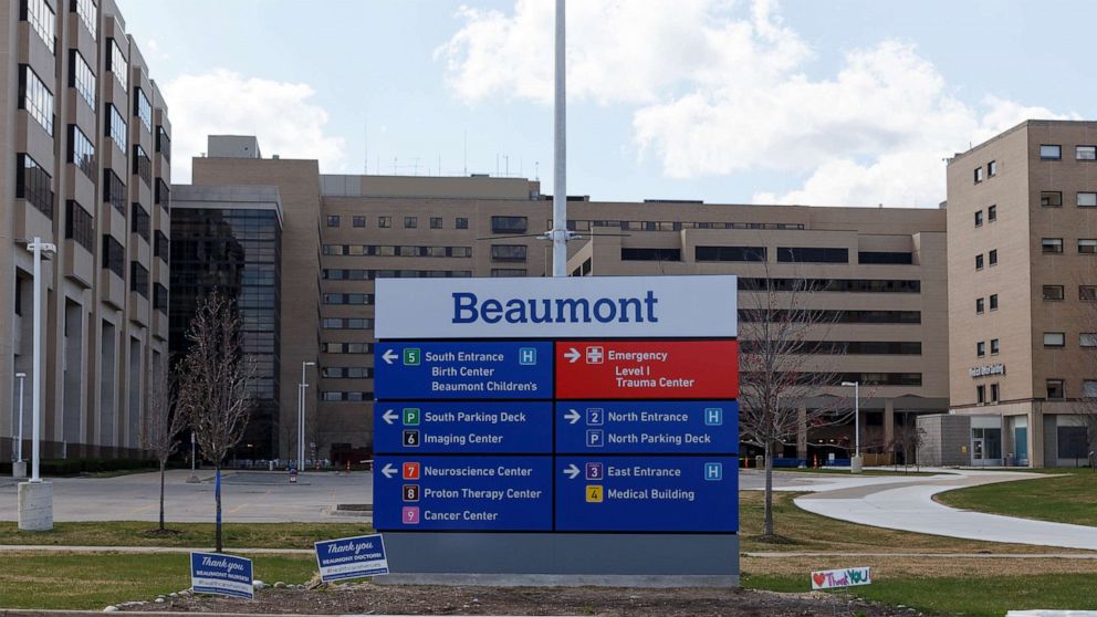 PHOTO: In this April 8, 2020 file photo a directory sign outside the east entrance to Beaumont Hospital in Royal Oak, Mich.