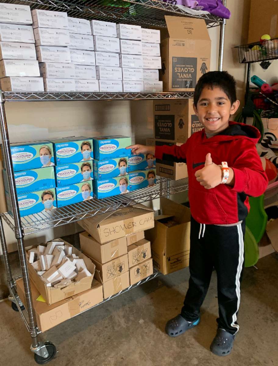 PHOTO: Zohaib Begg, 7, of Virginia, collected shower caps, face masks and gloves from area hotels to donate to Inova hospitals.