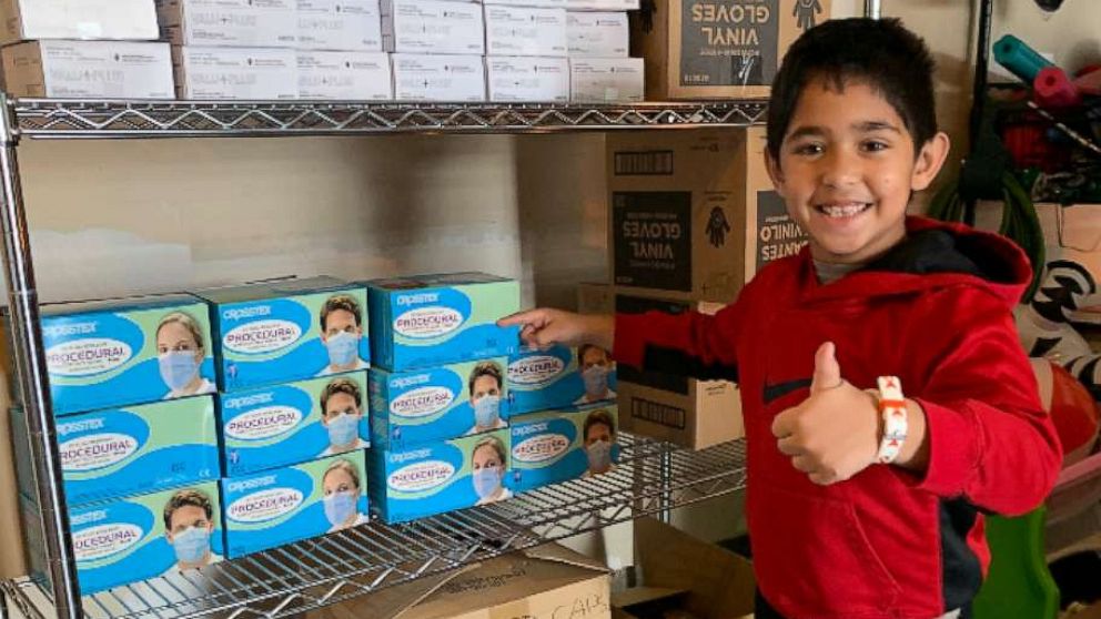 PHOTO: Zohaib Begg, 7, of Virginia, collected shower caps, face masks and gloves from area hotels to donate to Inova hospitals.
