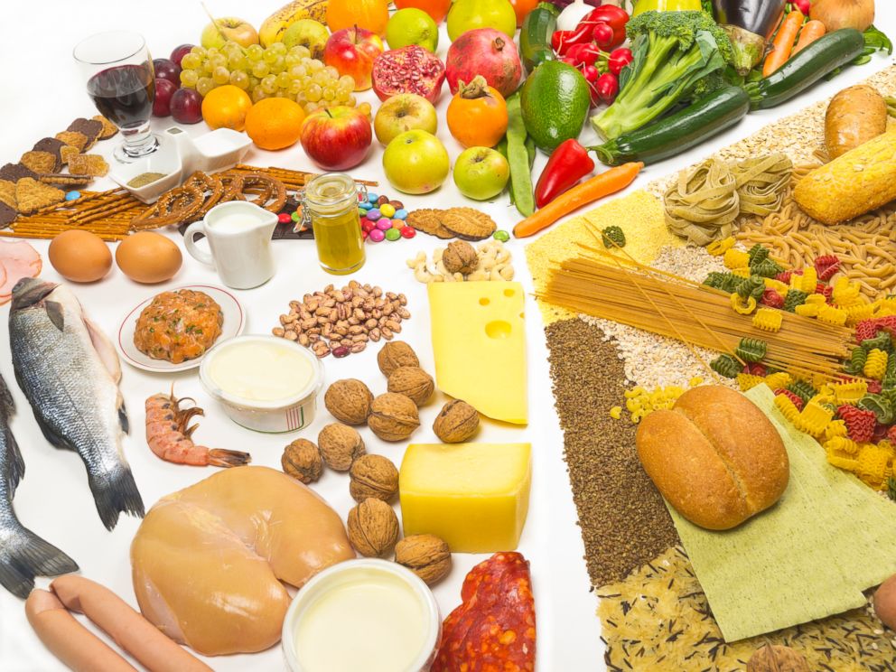 PHOTO: This food pyramid shows fruits, vegetables, pasta, cereals, bread, fish, meat, milk and dairy products and nuts.