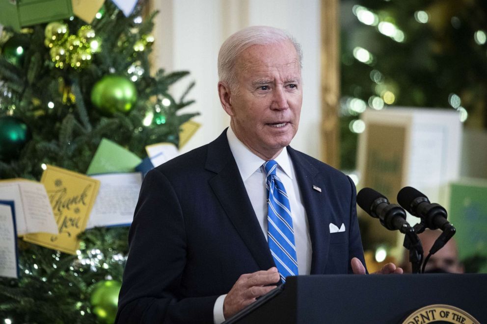 PHOTO: President Joe Biden speaks in the East Room of the White House in Washington, Dec. 16, 2021.