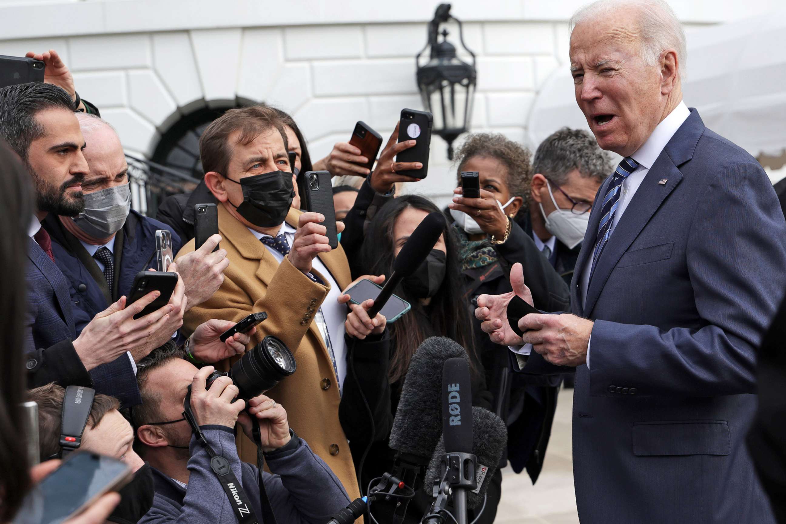 PHOTO: President Joe Biden speaks to the media about Russia's buildup on the Ukrainian border as he departs the White House for Cleveland in Washington, D.C., Feb. 17, 2022. The president said there is a 'very high' risk of a Russian invasion of Ukraine.