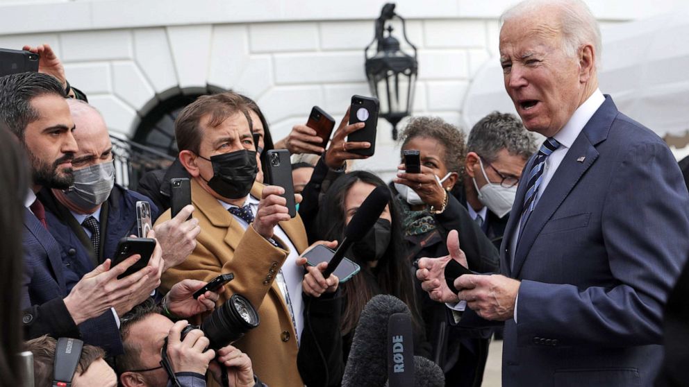 PHOTO: President Joe Biden speaks to the media about Russia's buildup on the Ukrainian border as he departs the White House for Cleveland in Washington, D.C., Feb. 17, 2022. The president said there is a 'very high' risk of a Russian invasion of Ukraine.