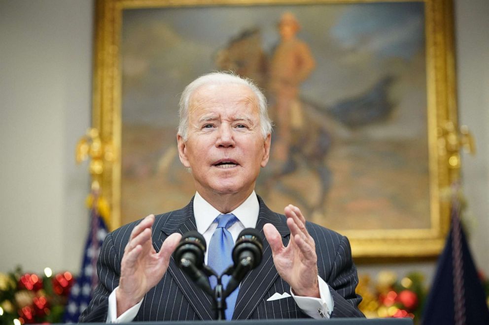 PHOTO: President Joe Biden delivers remarks to provide an update on the Omicron variant in the Roosevelt Room of the White House in Washington, D.C., Nov. 29, 2021.