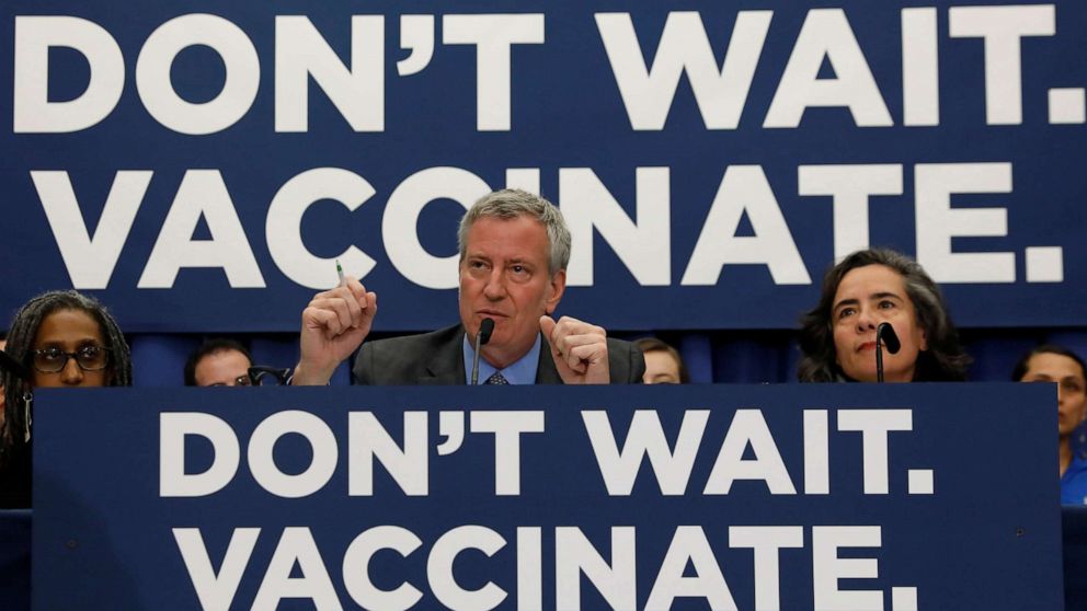 New York City Mayor Bill de Blasio speaks during a news conference, in Brooklyn, N.Y., April 9, 2019.