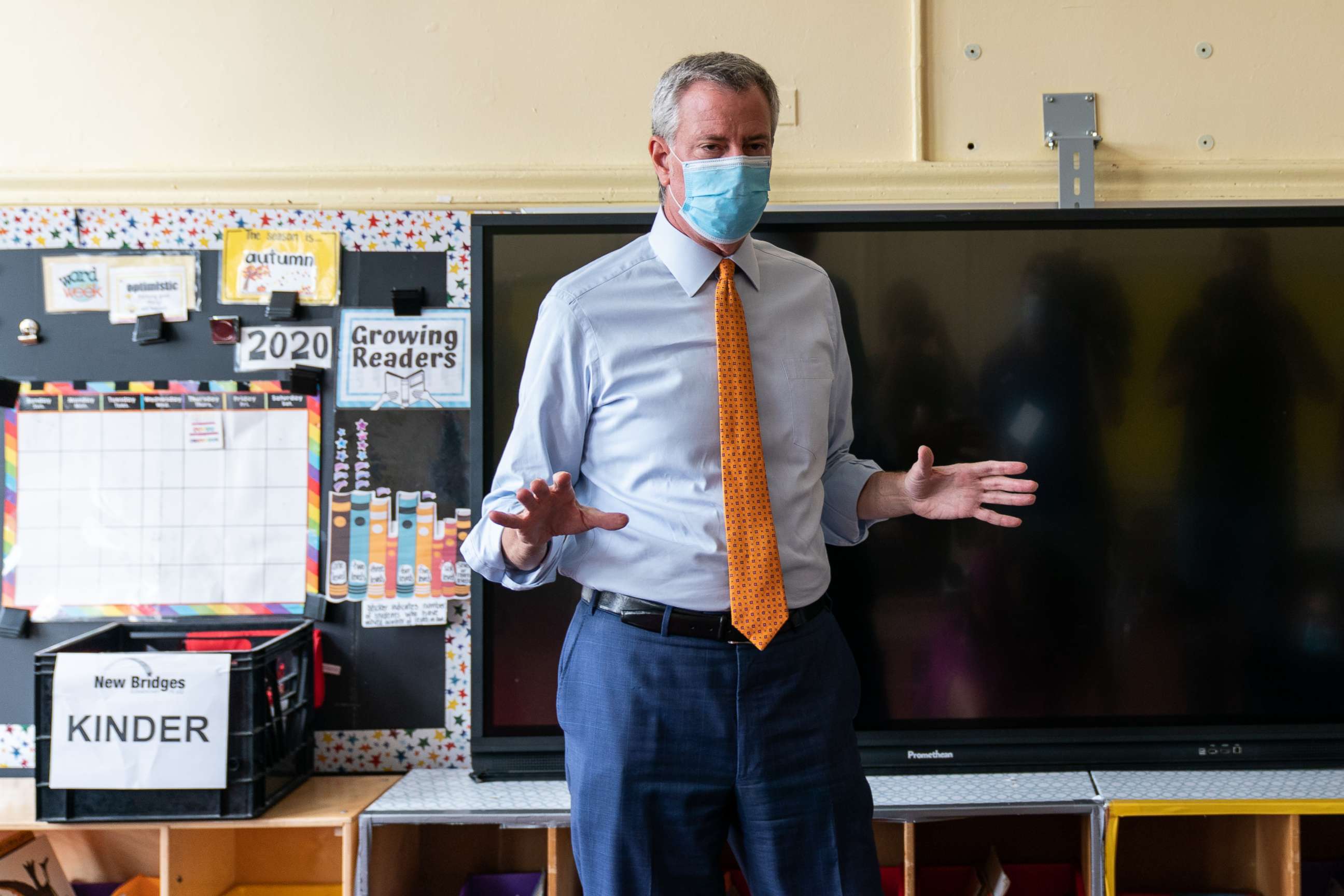 PHOTO: New York Mayor Bill de Blasio speaks during a news conference at New Bridges Elementary School in the Brooklyn borough of New York, Aug. 19, 2020.