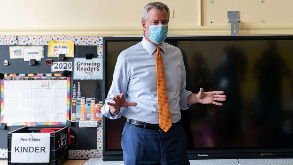 PHOTO: New York Mayor Bill de Blasio speaks during a news conference at New Bridges Elementary School in the Brooklyn borough of New York, Aug. 19, 2020.