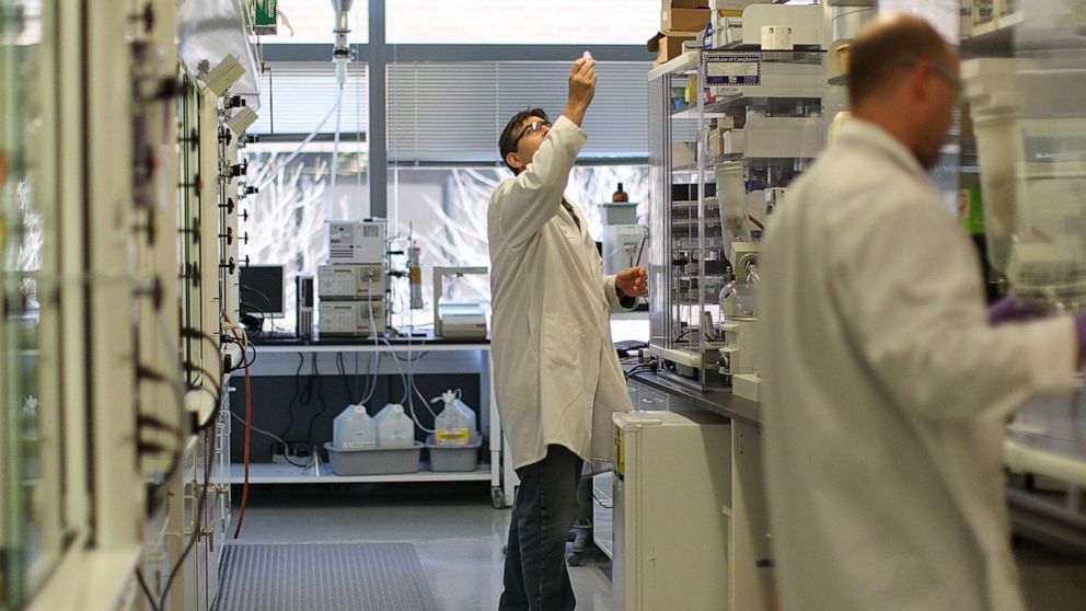PHOTO: Lab employees work at Biogen Idec in Cambridge, Mass., April 25, 2013.