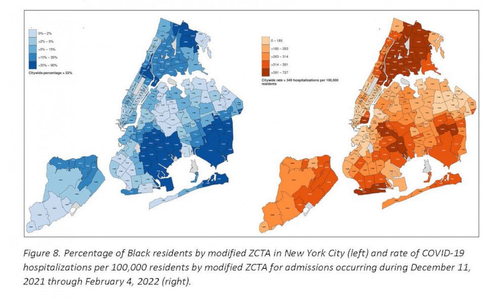 PHOTO: This graphic provided by the Department of Health & Mental Hygiene shows data on percentage of Black residents by modified ZCTA in New York City and rate of COVID-19 hospitalizations per 100,000 residents by modified ZCTA for admissions.