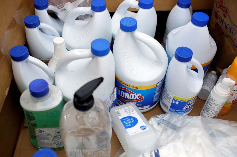 PHOTO: A view of the product as volunteers with Project C.U.R.E. accept bottles of bleach and hand sanitizer to be donated to healthcare workers treating coronavirus disease (COVID-19) in Chicago, March 29, 2020.