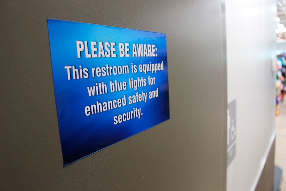 PHOTO: This Turkey Hill convenience store in Wilkes-Barre, Pa. has installed blue light bulbs in some of its stores public bathrooms in hopes of discouraging drug use by making it harder for people to see their veins, June 22, 2018.