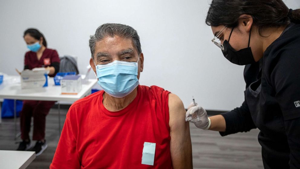 PHOTO: Jaime Sores, 70, gets a Covid-19 vaccination booster on Nov. 17, 2021, in El Monte, Calif.