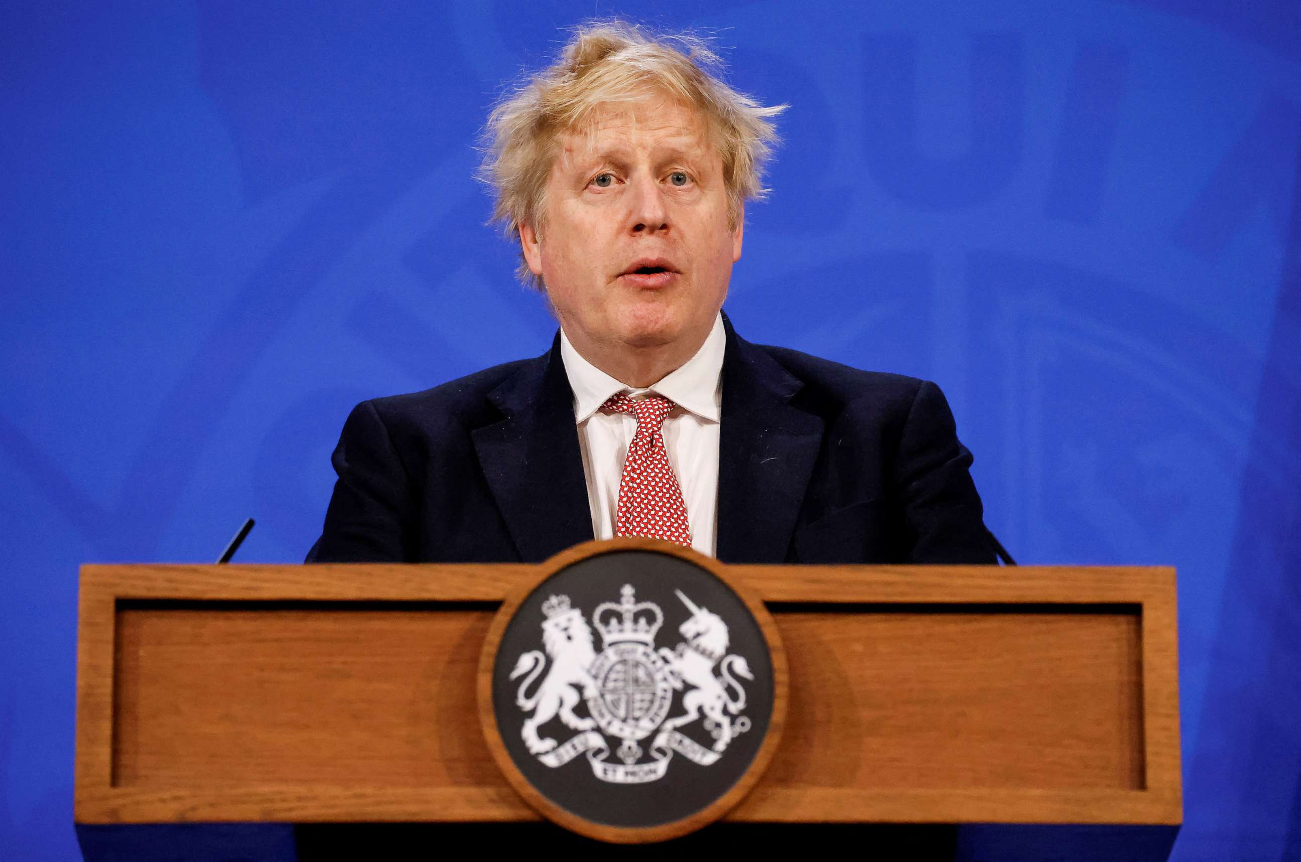 PHOTO: British Prime Minister Boris Johnson speaks during a news conference outlining the government's new long-term COVID-19 pandemic plan, at Downing Street in London, Feb. 21, 2022.