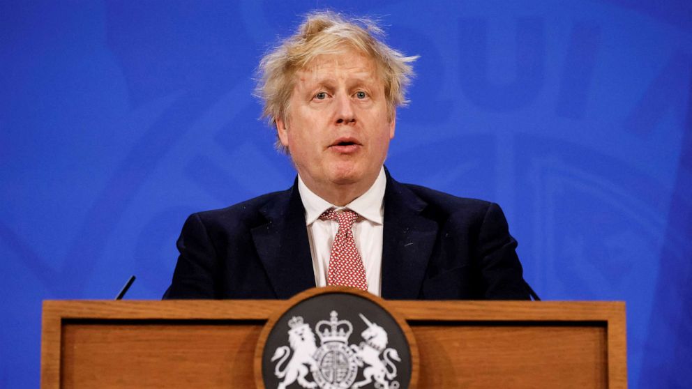 PHOTO: British Prime Minister Boris Johnson speaks during a news conference outlining the government's new long-term COVID-19 pandemic plan, at Downing Street in London, Feb. 21, 2022.