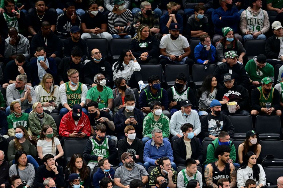 PHOTO: Fans look on during Game Four of the Eastern Conference first round series between the Boston Celtics and the Brooklyn Nets at TD Garden on May 30, 2021, in Boston.