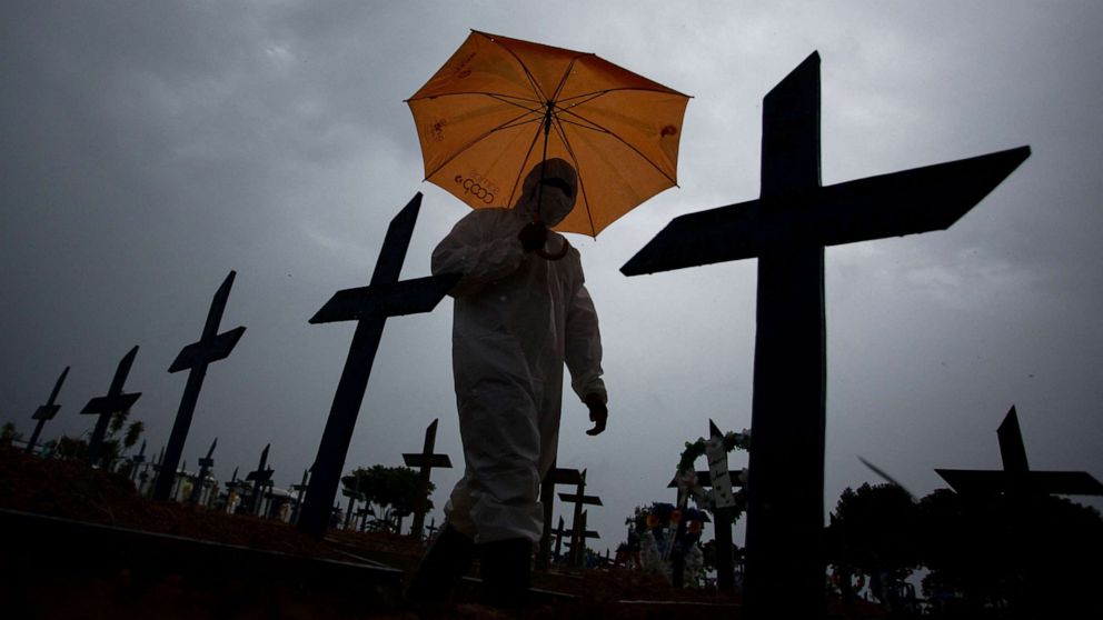PHOTO: A worker wearing a protective suit and carrying an umbrella walks past the graves of COVID-19 victims at the Nossa Senhora Aparecida cemetery, in Manaus, Brazil, Feb. 25, 2021. 