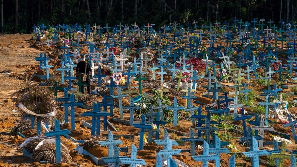 PHOTO: Blue grave markers called "Castilhos" are laid out for people who died of Covid at Nossa Senhora Aparecida public cemetery, March 30, 2021, in Manaus, Brazil.