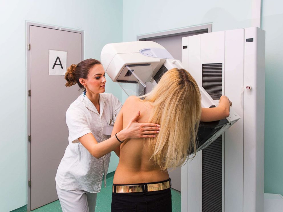 PHOTO: In this undated stock photo, a nurse with a young women having a mammography.