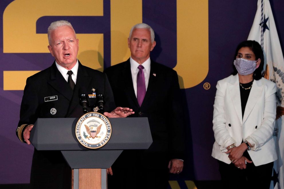 PHOTO: Admiral Brett Giroir, M.D., Asst. Secretary of Health for Department of Health and Human Services, speaks about the coronavirus pandemic at a press conference in Tiger Stadium on the LSU campus, in Baton Rouge, La., July 14, 2020.