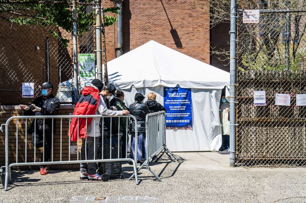 PHOTO: NYC Health and Hospital/Gotham Health Belvis Covid-19 walk-in testing site is shown in The Bronx, New York, April 28, 2020.