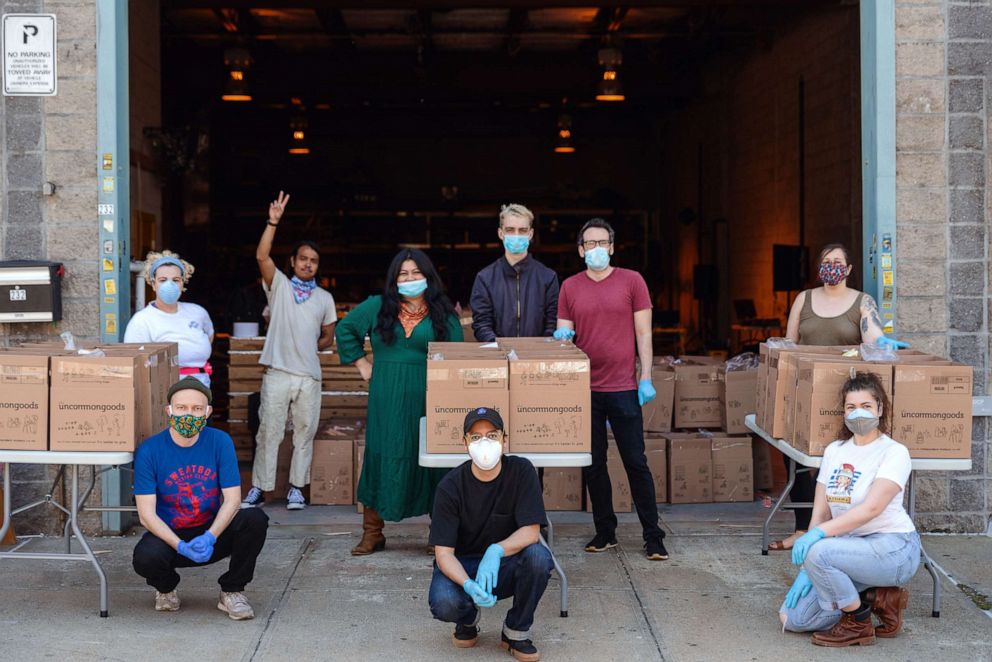 PHOTO: Whitney Hu, in the green dress, stands with volunteers with South Brooklyn Mutual Aid, May 2, 2020.